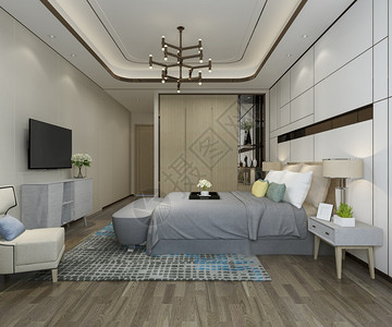 3d提供美丽的豪华卧室套房在酒店与电视休息地毯自在图片