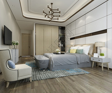 3d提供美丽的豪华卧室套房在酒店与电视地面渲染枝形吊灯图片