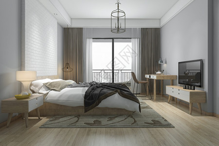 3d提供美丽的最起码卧室套房在酒店与电视地毯家枝形吊灯图片
