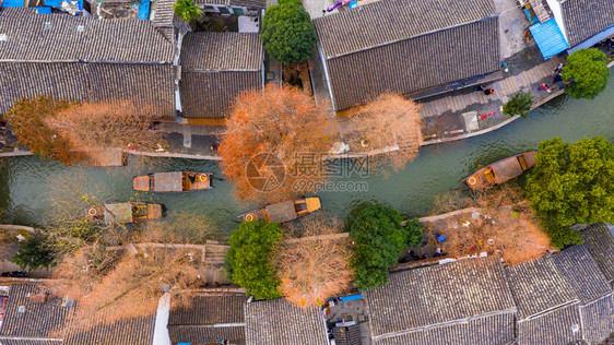 在上海珠家岛水城运河的空中观光景和国传统旅游船以及华传统旅游船老的文化建筑学图片