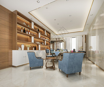 3d提供阁楼豪华客厅和带有装饰架子的工作室渲染当代的奢华图片