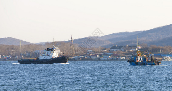 平静的安详港口海参沃斯托克附近小型商业渔网船和拖图片