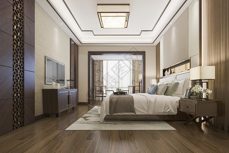 公寓室内的建筑学3D提供美丽的豪华卧室套房在酒店与电视图片
