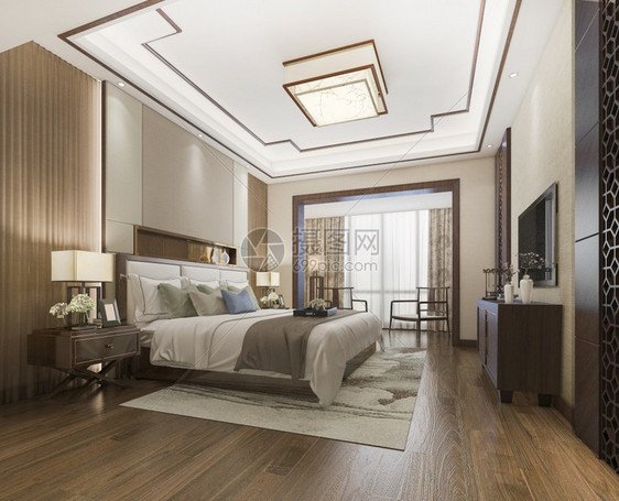 建筑学3D提供美丽的豪华卧室套房在酒店与电视架子活的图片