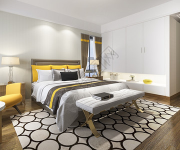 室内的3d提供美丽的奢华豪黄色卧室套房床电视图片