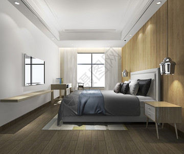 现代的睡觉3d提供美丽的豪华卧室套房在酒店与电视建筑学图片