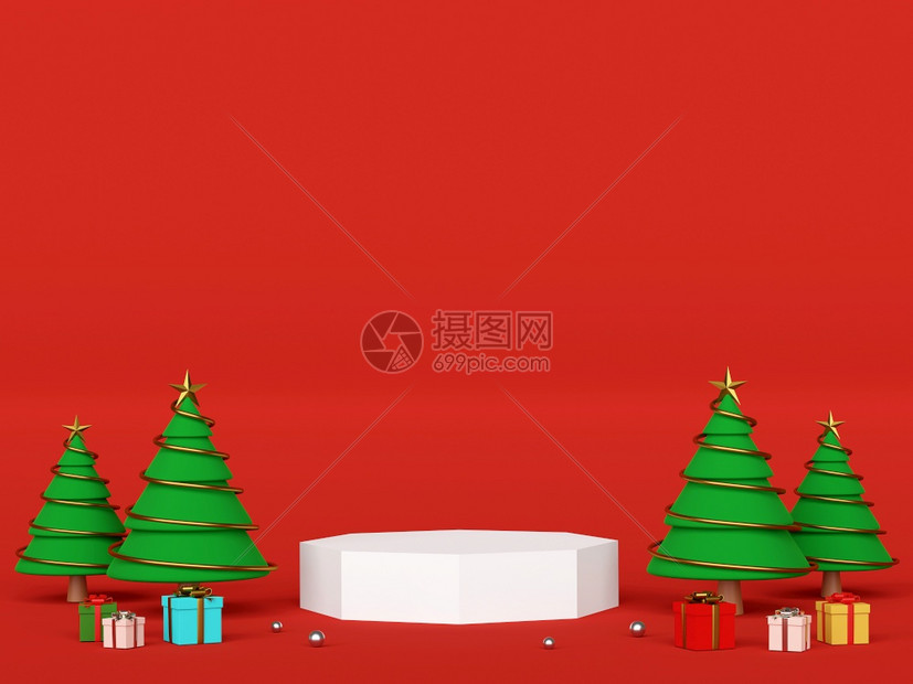 使成为展示派对配圣诞树的讲台场景供产品广告使用3D图片