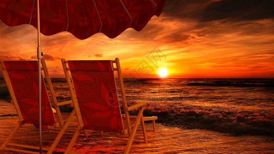 安宁海景观两张空椅子在开着的雨伞下海滩上以日落为视线3D让两张空椅子在开着的雨伞下海滩上以日落为望面图片