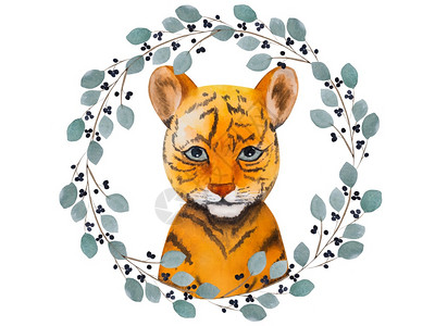 荒野框架动物美丽的水彩画了一只小老虎幼崽准备渡假关闭没有人为亲友朋和同事祝贺他们美丽的水彩画了一只小老虎幼崽的美丽水彩画图片