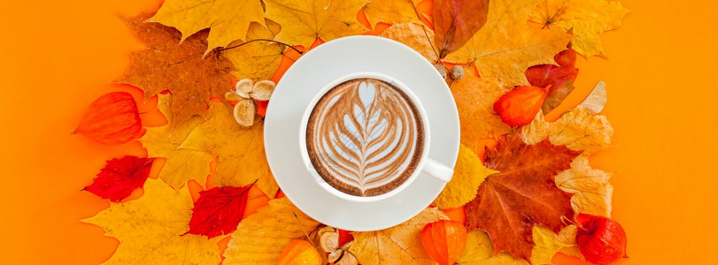 多色秋叶上的咖啡拿铁图片