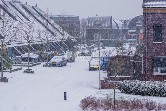 风景在寒冬的荷兰季现代邻里荷兰冬天气暴雪时在荷兰一个杜查村的街道上流下阴冷的寒冬日尖季节图片