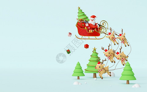 喜庆的糖果圣诞老人场景在雪橇上满圣诞礼物并被驯鹿拉扯在蓝色背景快乐的图片