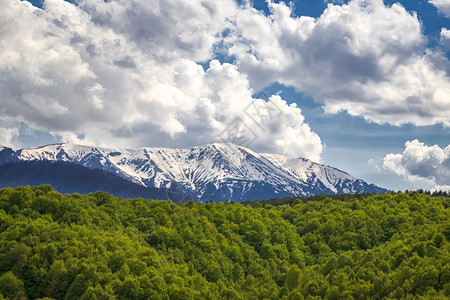 远足安宁丘陵春天的风景有雪峰高山和绿林图片