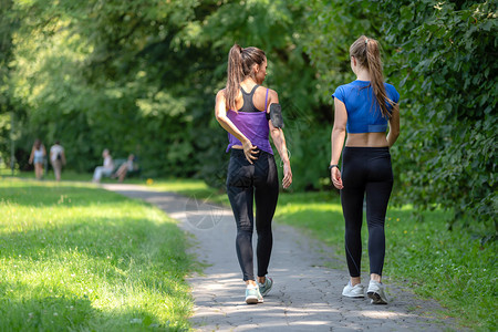 在阳光明媚的清晨在公园里慢跑看着两个有魅力的健身女孩背影吸引人的自然图片