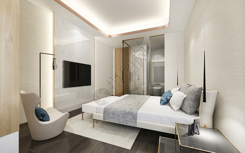 睡觉白色的3d提供现代豪华卧室套房和浴电视图片