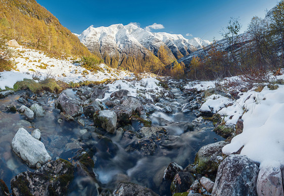 树木绿色阳光山河在岩石之间流动挪威秋天的快速水金树雪覆盖的山脉图片