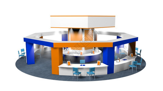 在八角博览会上销售的3D广告站模型在圆周地毯上为顾客和供应商提椅子白色背景上的蓝色和橙摊台用白蓝和橙标成白底并有宣传3D的空间财图片