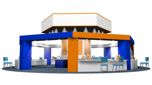 公平的介绍展示在八角博览会上销售的3D广告站模型在圆周地毯上为顾客和供应商提椅子白色背景上的蓝色和橙摊台用白蓝和橙标成白底并有宣图片