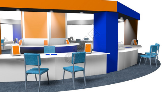 颜色模块展位在八角博览会上销售的3D广告站模型在圆周地毯上为顾客和供应商提椅子白色背景上的蓝色和橙摊台用白蓝和橙标成白底并有宣传图片