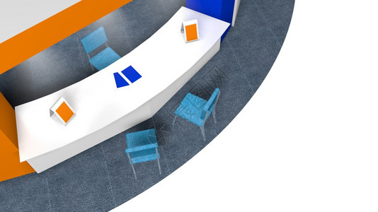公平的金属八角形在博览会上销售的3D站模型在圆周地毯上为顾客和供应商提椅子白色背景上的和橙摊台用白蓝和橙标成白底并有宣传图片