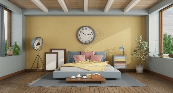 古典风格的主卧室有色彩多的双床和黄色墙壁3D制成经典风格的主卧室和色彩多的双床倍丰富多彩夜晚图片