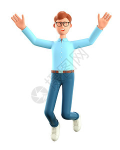 3D喜笑的男子跳跃欢庆成功祝卡通赢来的商人他双手举高在空中孤立白色背景上获胜可爱的空气图片