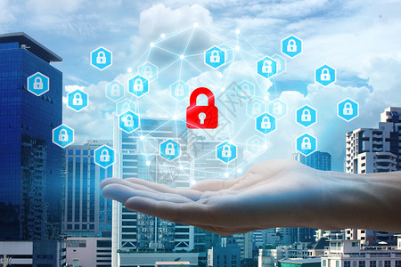 双两次接触与锁技术的手持接口网络安全数据保护商业技术隐私概念同时接触双用手握和锁技术的界面电脑私人未来图片