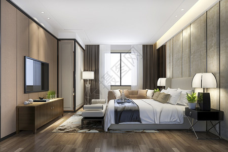 内部的3d提供美丽的豪华卧室套房酒店有电视和工作桌房间放松图片