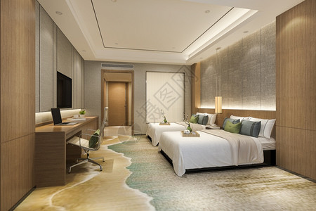 房间阁楼在职的3d提供美丽的豪华卧室套房酒店有电视和工作桌图片