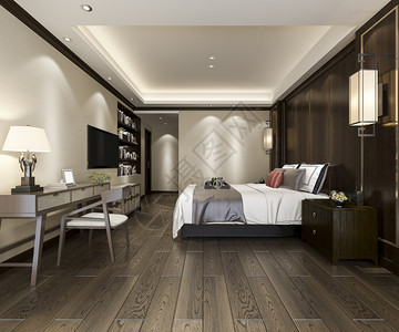 现代的装饰风格放松3d提供美丽的豪华卧室套房酒店有电视和工作桌图片