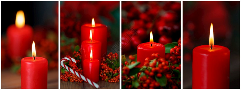来临黑暗的红蜡烛配莓果和糖甘蔗的装饰圣诞节纪念馆高清图片