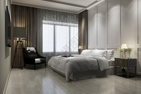 屋渲染3d提供美丽的豪华旧卧室套房在酒店与电视架子图片