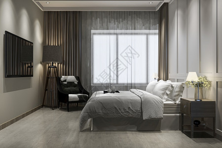 渲染活的3d提供美丽的豪华旧卧室套房在酒店与电视蓝色的图片