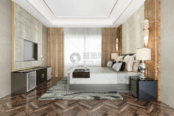 3d在酒店提供豪华的经典现代卧室套房皮肤渲染放松图片