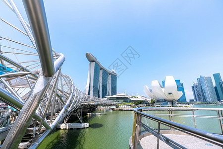 著名的目地新加坡MarinaBay沙赌场酒店和美术科学博物馆的视图Helix桥市景地碑长廊图片