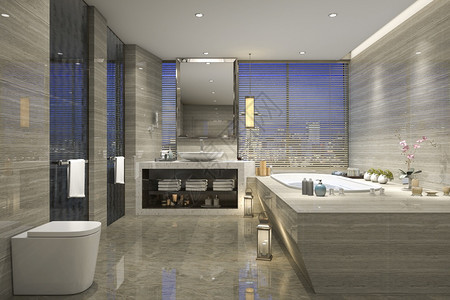 自在3d提供现代经典浴室用豪华瓷砖装饰器从窗口看到漂亮的自然观渲染当代的图片
