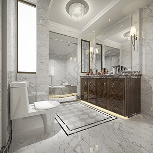 3d提供现代经典浴室用豪华瓷砖装饰器从窗口看到漂亮的自然观淋浴厕最小的图片