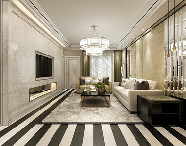 3D提供现代经典客厅豪华装饰和条纹地板美丽的酒店枝形吊灯图片