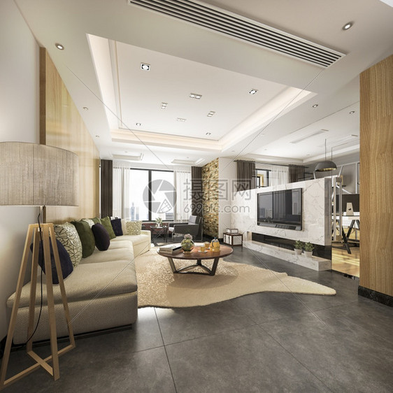 地毯椅子屋3d提供豪华和现代客厅配有设计良好的皮革沙发图片