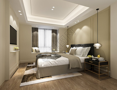 现代的3d提供美丽的豪华卧室套房在酒店与电视质地枕头图片