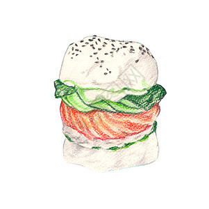 绘画三明治芝士汉堡手画水彩新鲜汉堡包用不同填料单独隔开图片