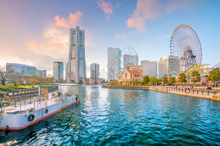 风景优美日本落时横滨城市天线海旅行图片