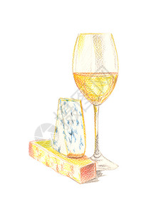 果汁形象的运动在玻璃和奶酪杯中画葡萄酒作为零食的手水彩色图片