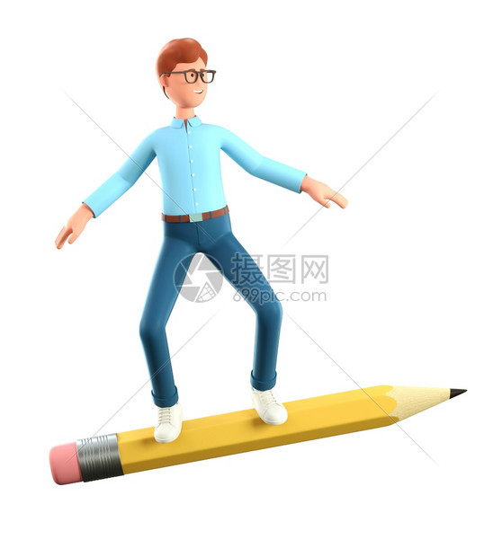 3D插图笑的有创意人站在大铅笔上像滑板机一样飞在空中卡通商人队长学生产想法孤立在白背景上绘图员卡通片工作图片