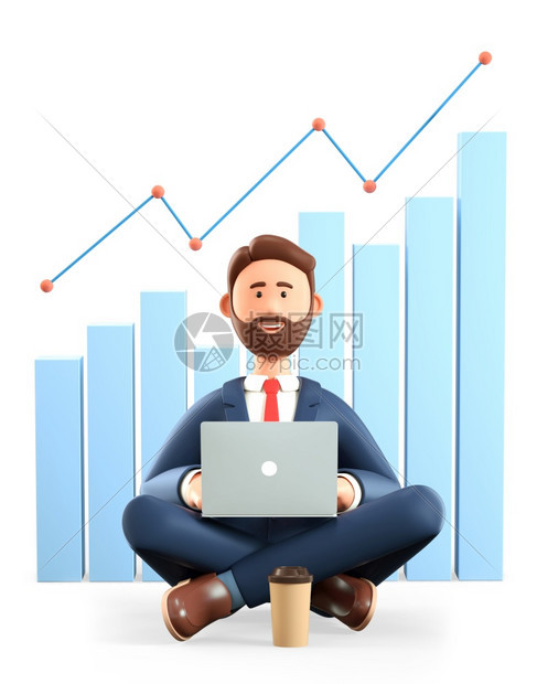 信息图应用债务3D插图在瑜莲姿势上卡通坐在地板上有笔记本电脑的留胡子男微笑着的商人瑜伽莲眼中的艺人分析学概念商业战略财务管理信息图片