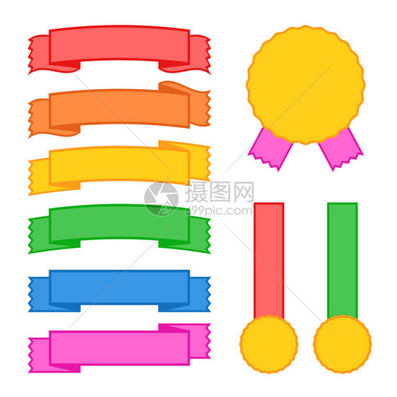 在白色背景简单平板矢量图上一组有色无的横幅奖章和标签带条用于文字空间适合信息图表设计广告节日标签等内容轮廓为了平坦的图片