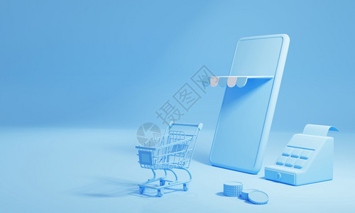 在线购物和交付概念在蓝背景上有复制空间商业和交付电子商务店3D插图交货市场蓝色的图片