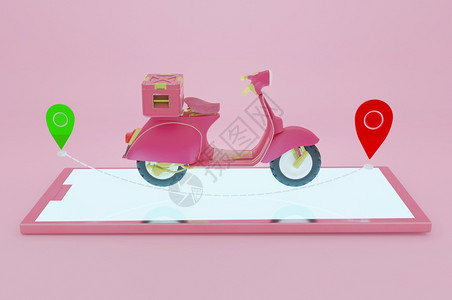 商业快速地3d说明用小摩托车在电子商务中用粉红色移动电话单包件提供套移动的图片