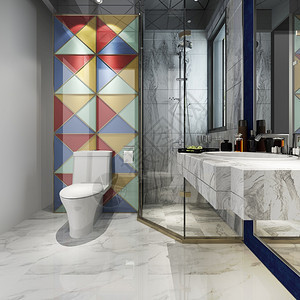 3d以彩色瓷砖装饰器提供现代浴室衣架灯地面背景图片