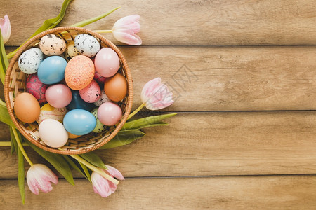 碗周围的郁金香和鸡蛋美丽的有照片郁金香季节新鲜的标签图片
